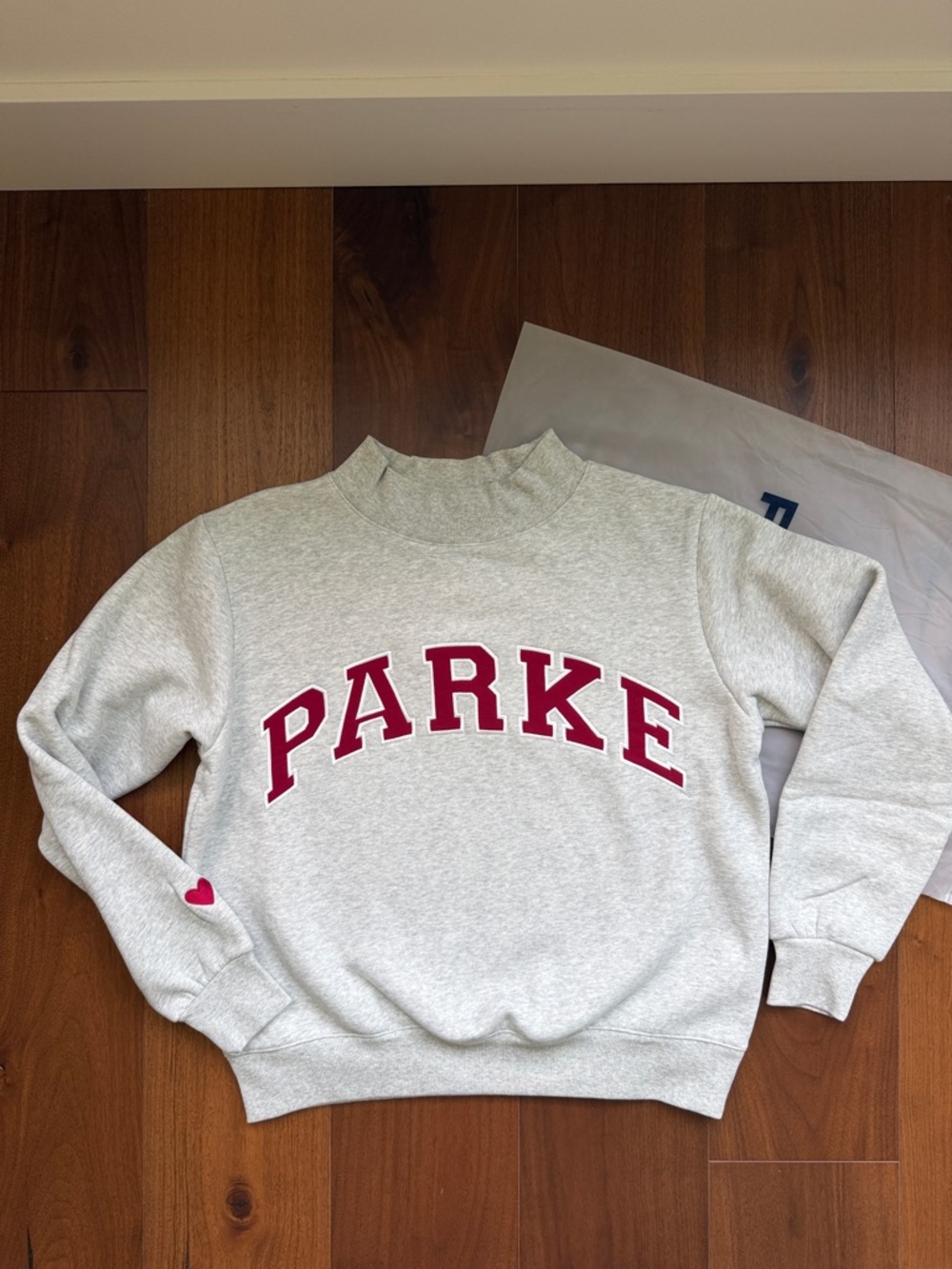 NEW PARKE  Valentine’s Varsity Mockneck Sweatshirt Size S/M Classic Grey/Crimson